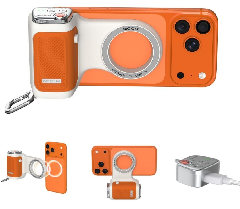 Pomarańczowo-białe etui na iPhone z uchwytem aparatu i adapterem ładowania.