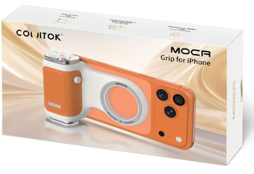 Pomarańczowy uchwyt do iPhone'a z motywem aparatu na opakowaniu.