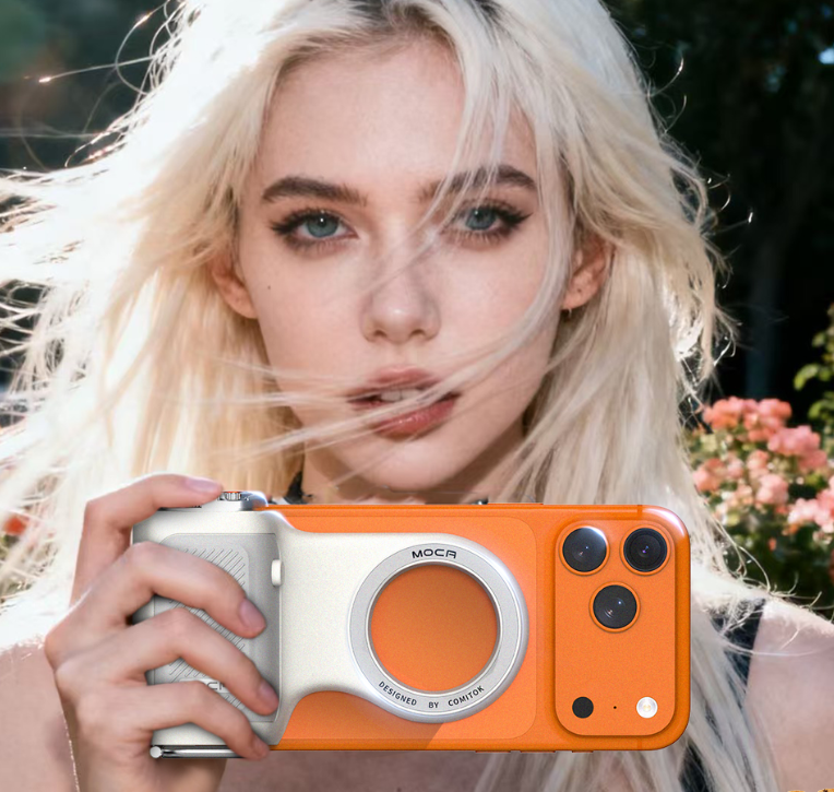 Kobieta z blond włosami trzyma pomarańczowy aparat z białymi akcentami.
