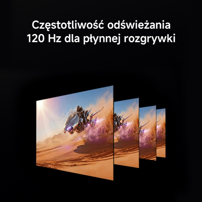 Statek kosmiczny leci przez pustynny, zakurzony krajobraz na wielu ekranach.