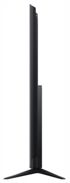 Widok z boku smukłego czarnego telewizora z wąską podstawą.