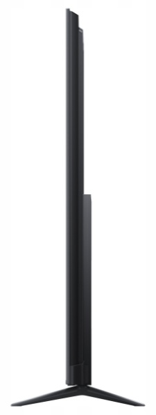 Czarny telewizor stojący na trójnożnym stojaku, widok z boku.