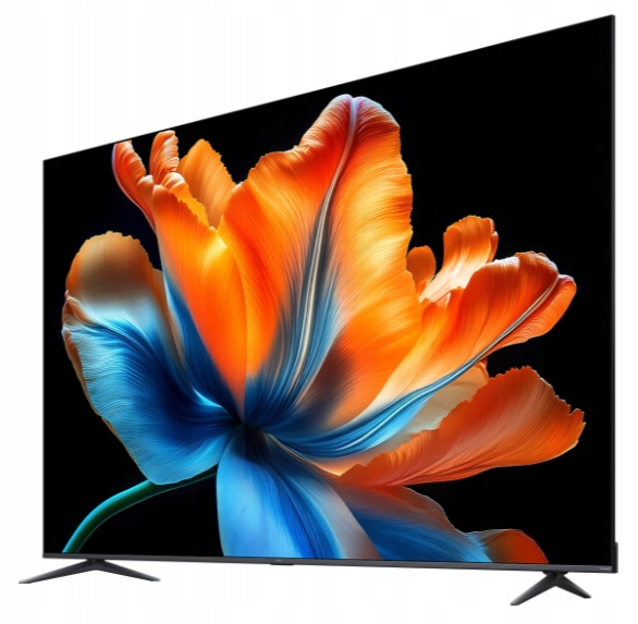 Nowoczesny telewizor wyświetlający żywy, abstrakcyjny obraz kwiatu na ekranie.