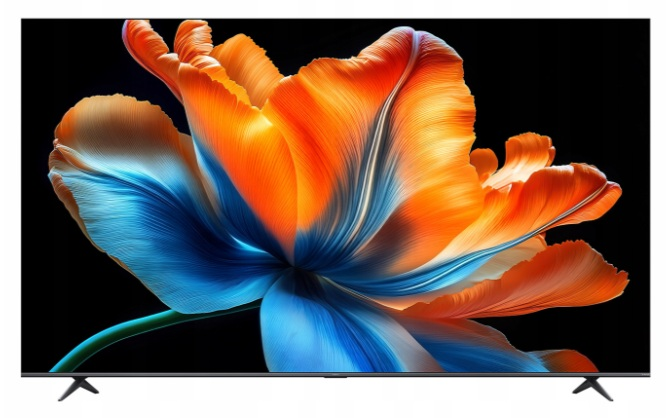 Nowoczesny telewizor wyświetlający żywy, pomarańczowo-niebieski kwiat na czarnym tle.