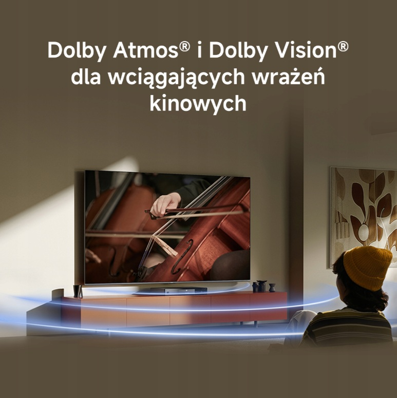 Osoba ogląda telewizor, na ekranie gra wiolonczelista. Obraz otaczają niebieskie fale.