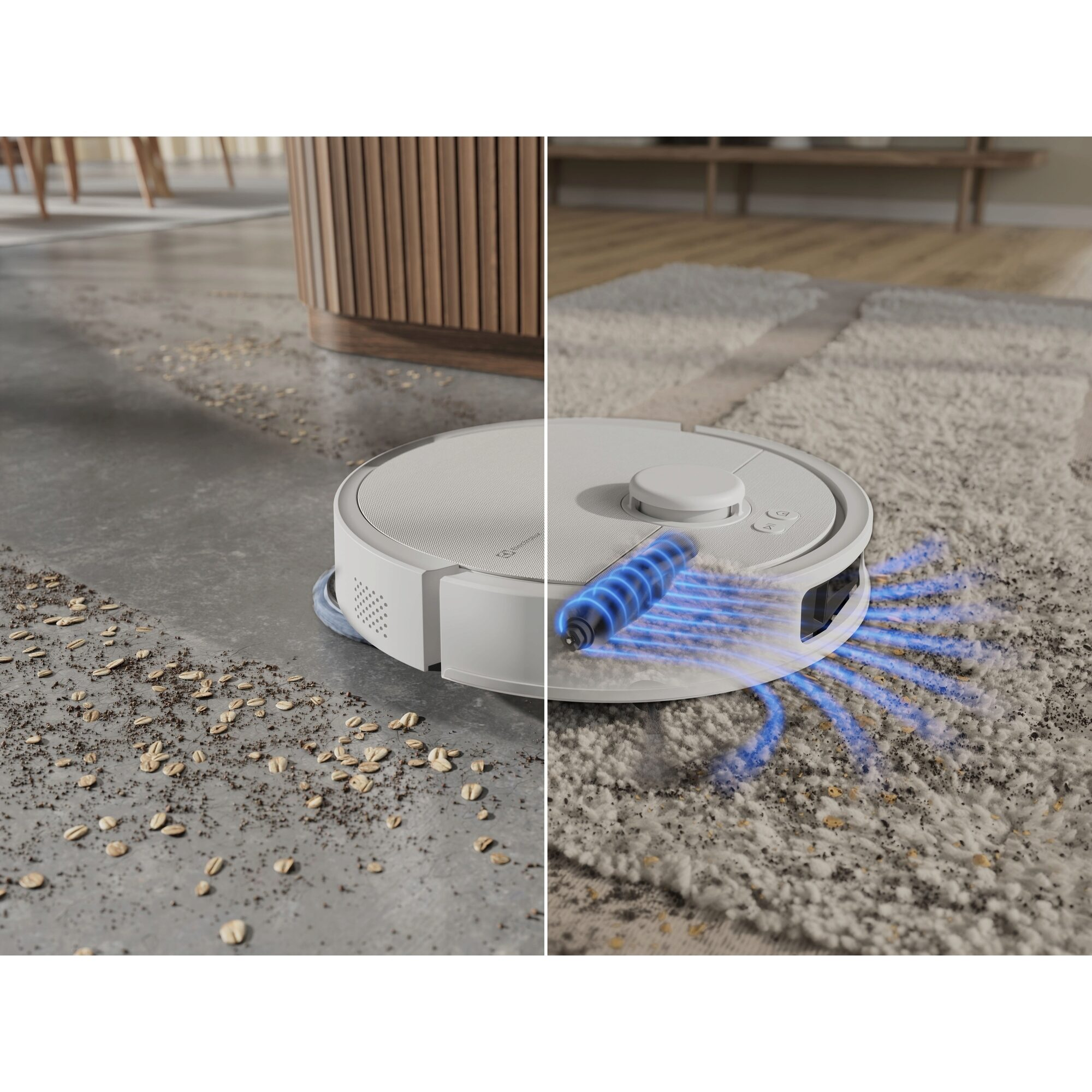 Robot süpürge halı ve sert zemindeki kiri temizler.