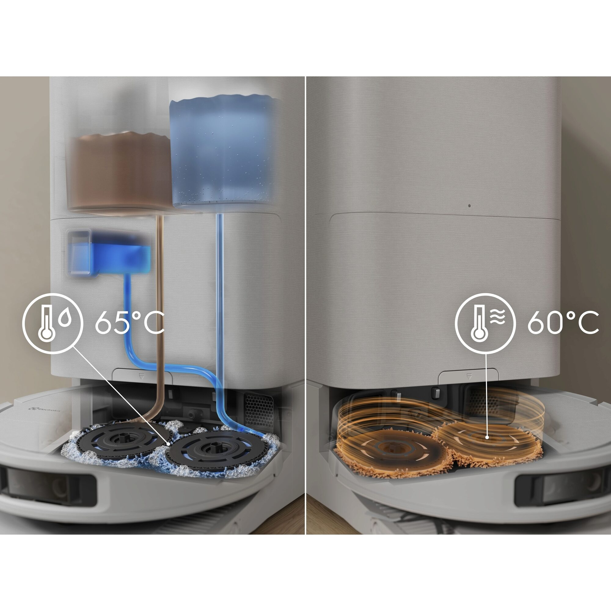 60°C su ile temizlik yapan su tanklı ve döner paspaslı robot süpürge.