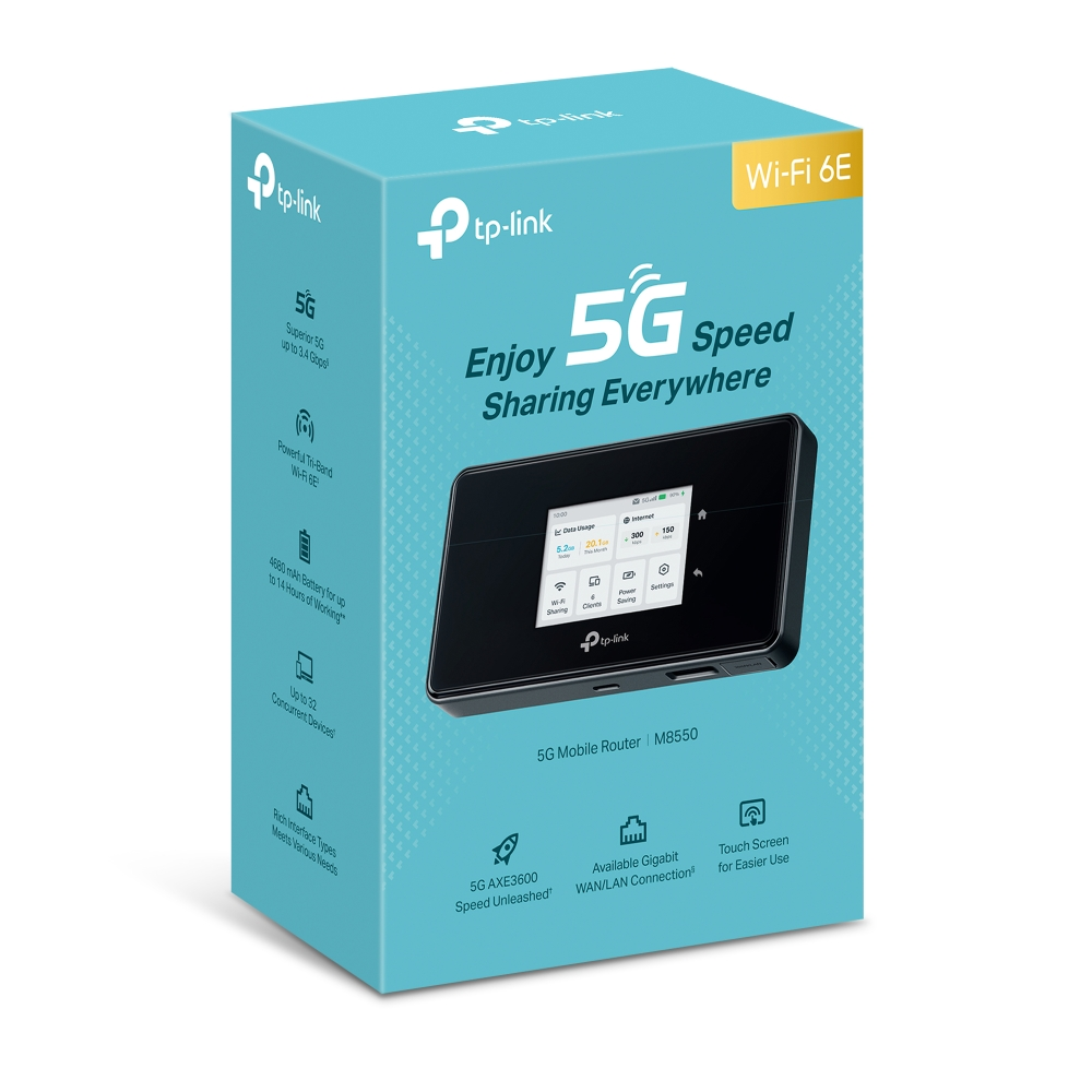 TP-Link 5G M8550 router ambalajı, dokunmatik ekran ve Wi-Fi 6E özellikli.