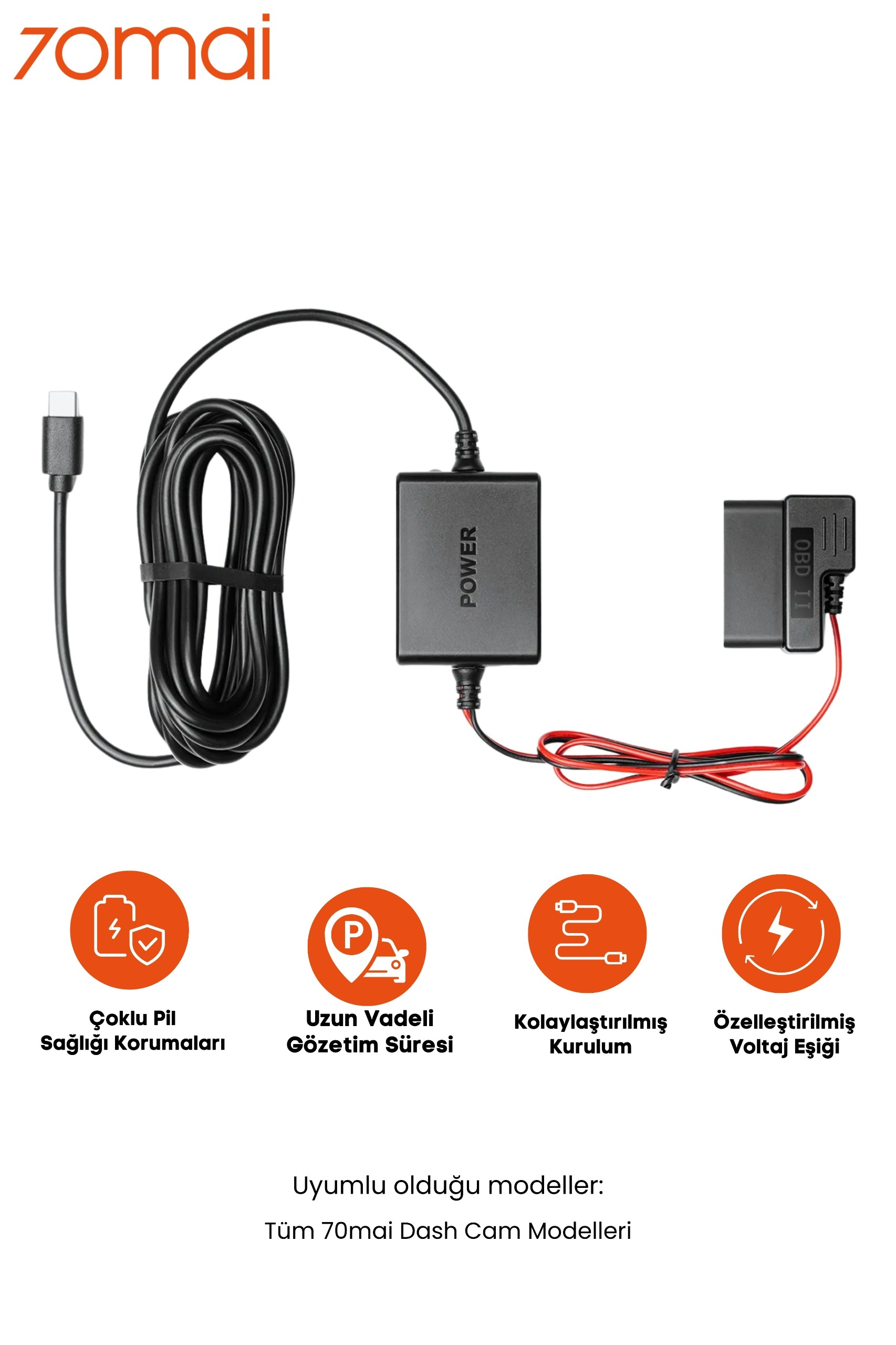 USB-C ve OBD-II konnektörlü, kablolu siyah araç şarj cihazı ve dört ikon.