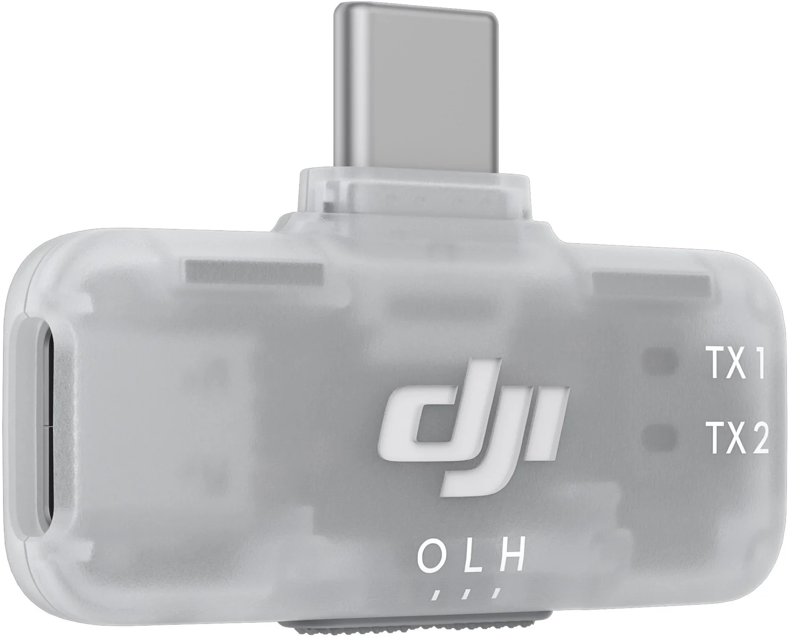 Un adaptateur translucide avec connecteur USB-C et logo DJI.
