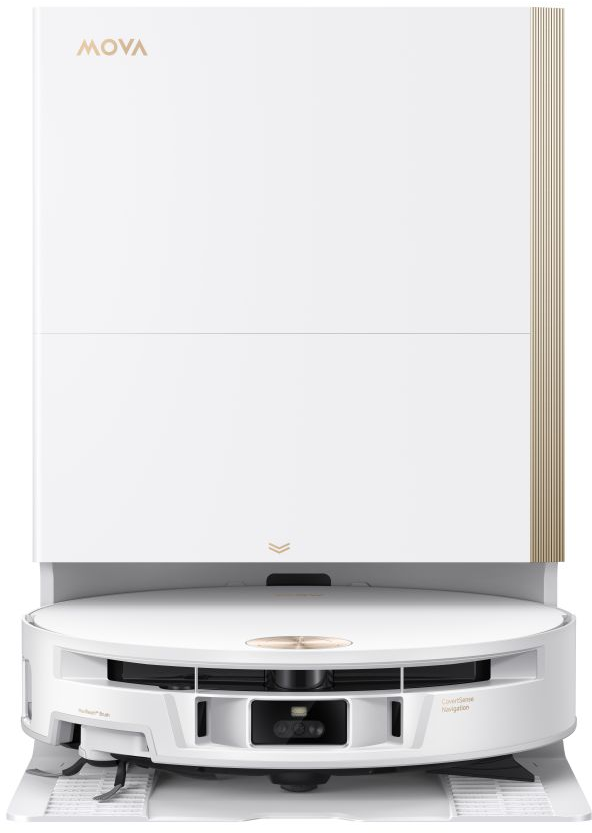 Un robot aspirapolvere bianco con accenti dorati e logo MOVA.