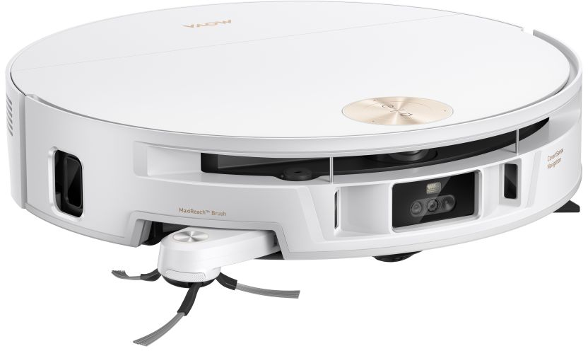 Un robot aspirapolvere bianco con accenti dorati e spazzole.