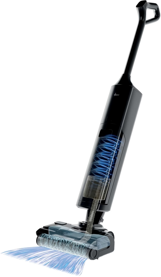 Schwarzer Nass-/Trockensauger mit transparentem Behälter und blauer Spirale.