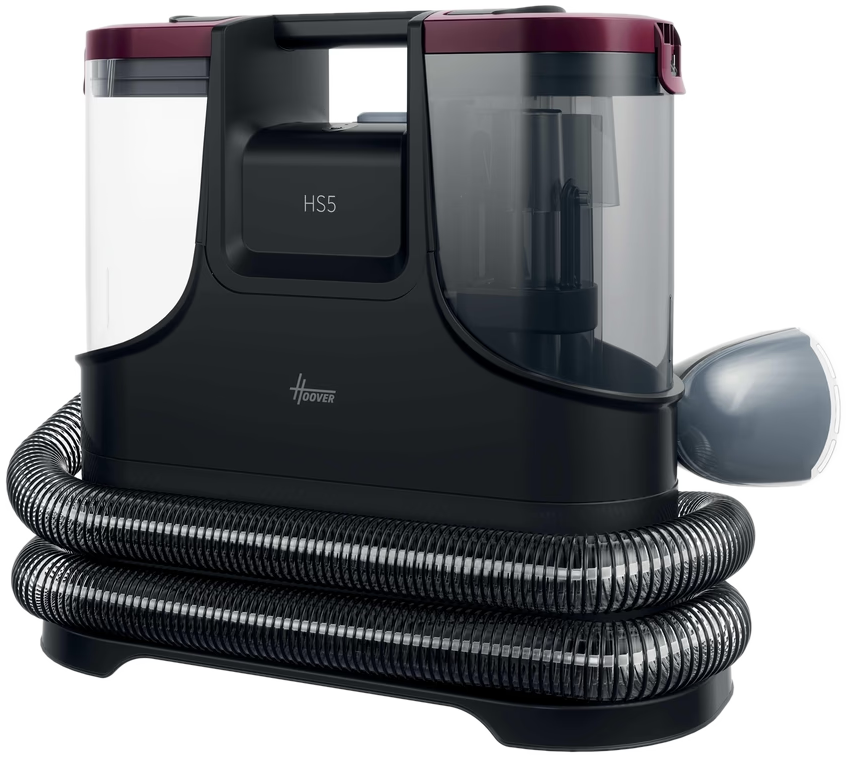 Schwarzer Hoover Reiniger mit transparentem Tank, Schlauch und Griff.