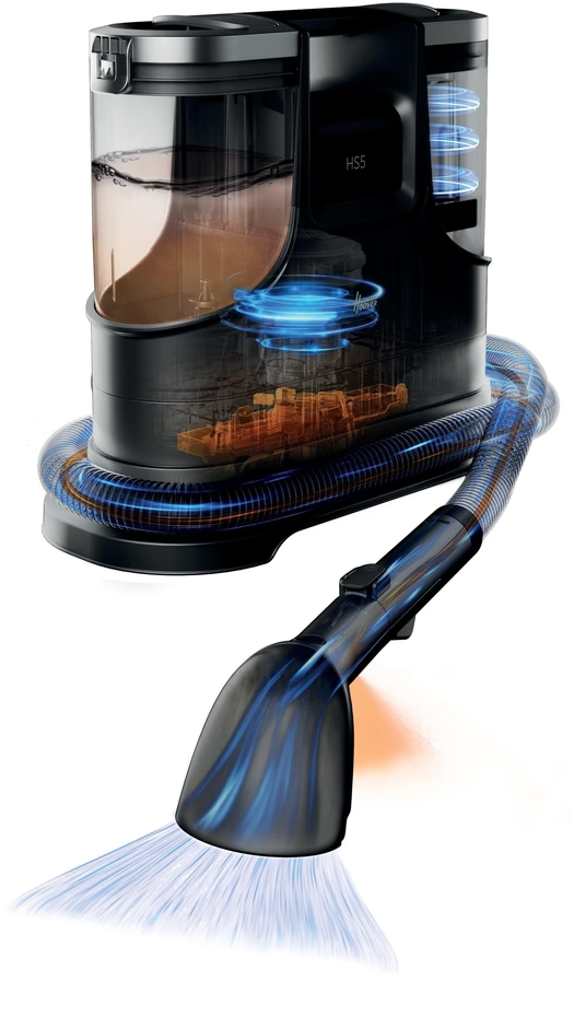 Ein schwarzer Staubsauger mit transparentem Tank, der Flüssigkeit zeigt.