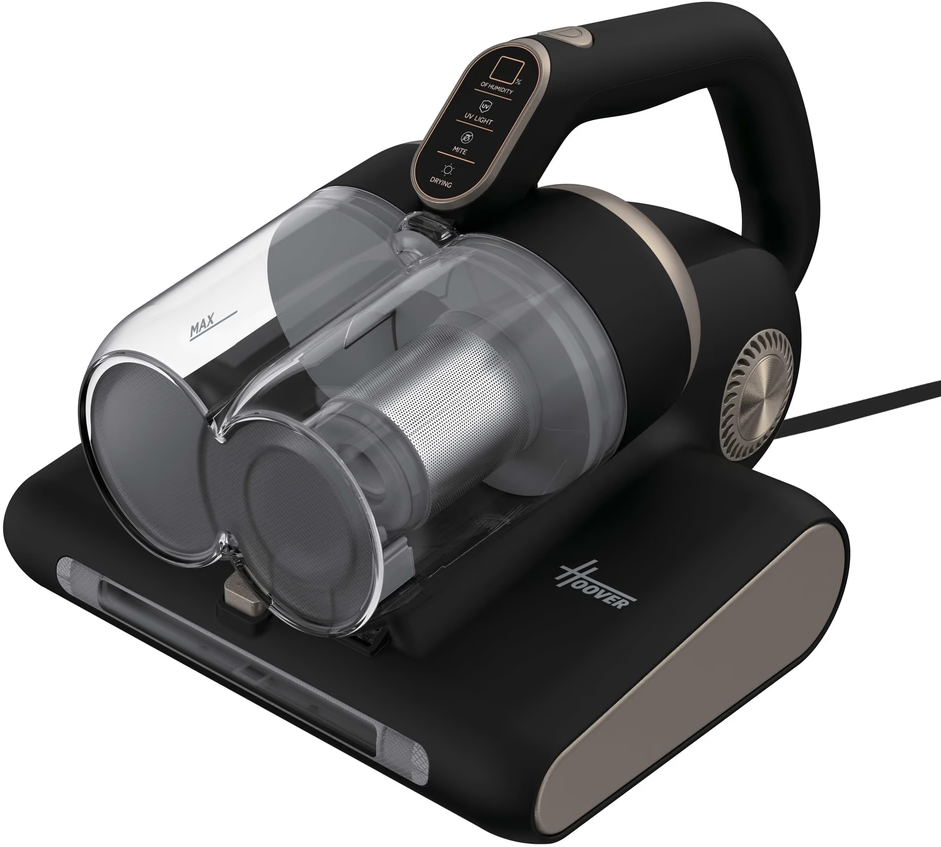 Ein schwarzer Hoover-Staubsauger mit transparentem Staubbehälter und Bedienelementen.