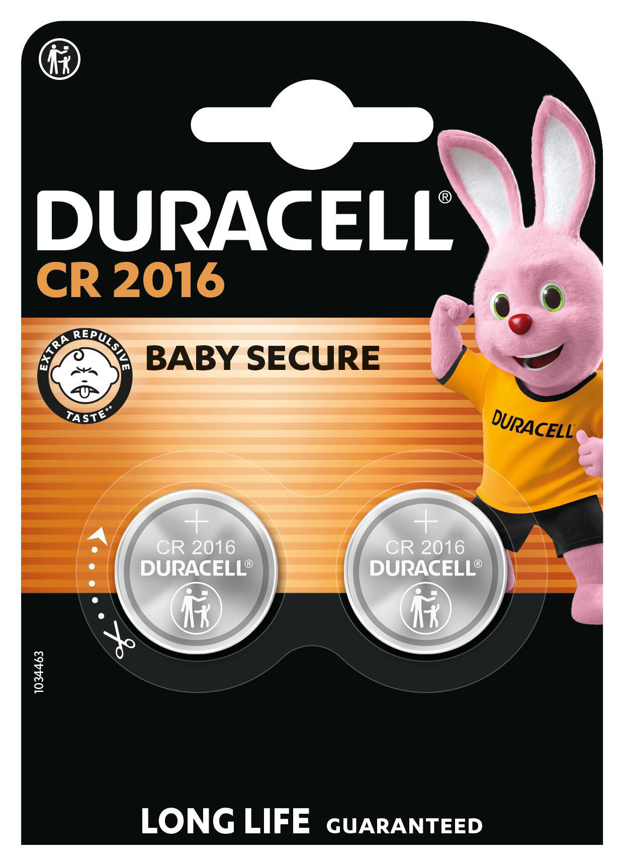 Duracell CR 2016 Batterien mit Baby-Sicherheitsmerkmal und pinkem Hasen.