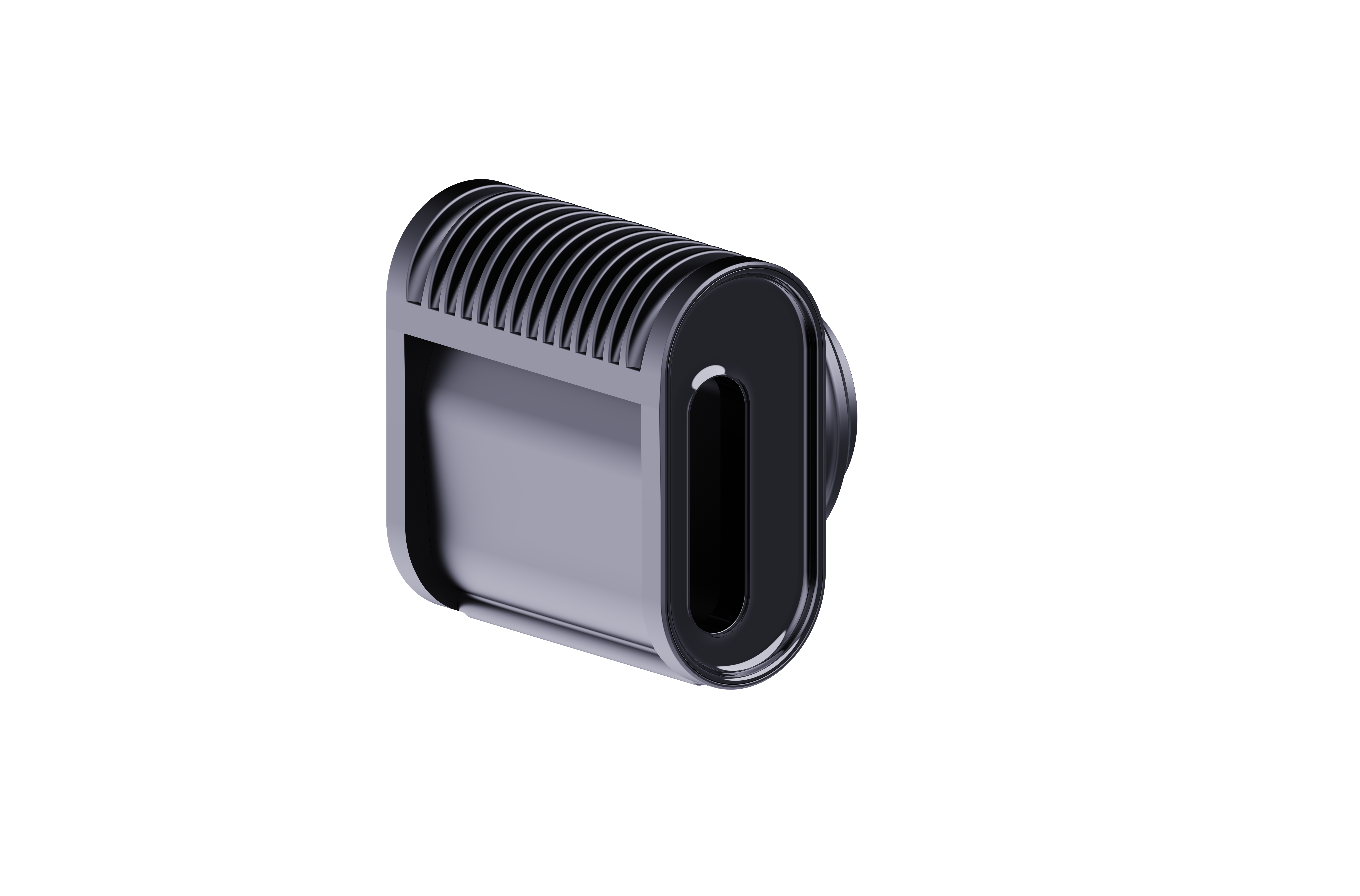 Dokuya sahip üst kısmı ve pürüzsüz, oval giriş noktası olan gümüş rengi USB-C konektör.