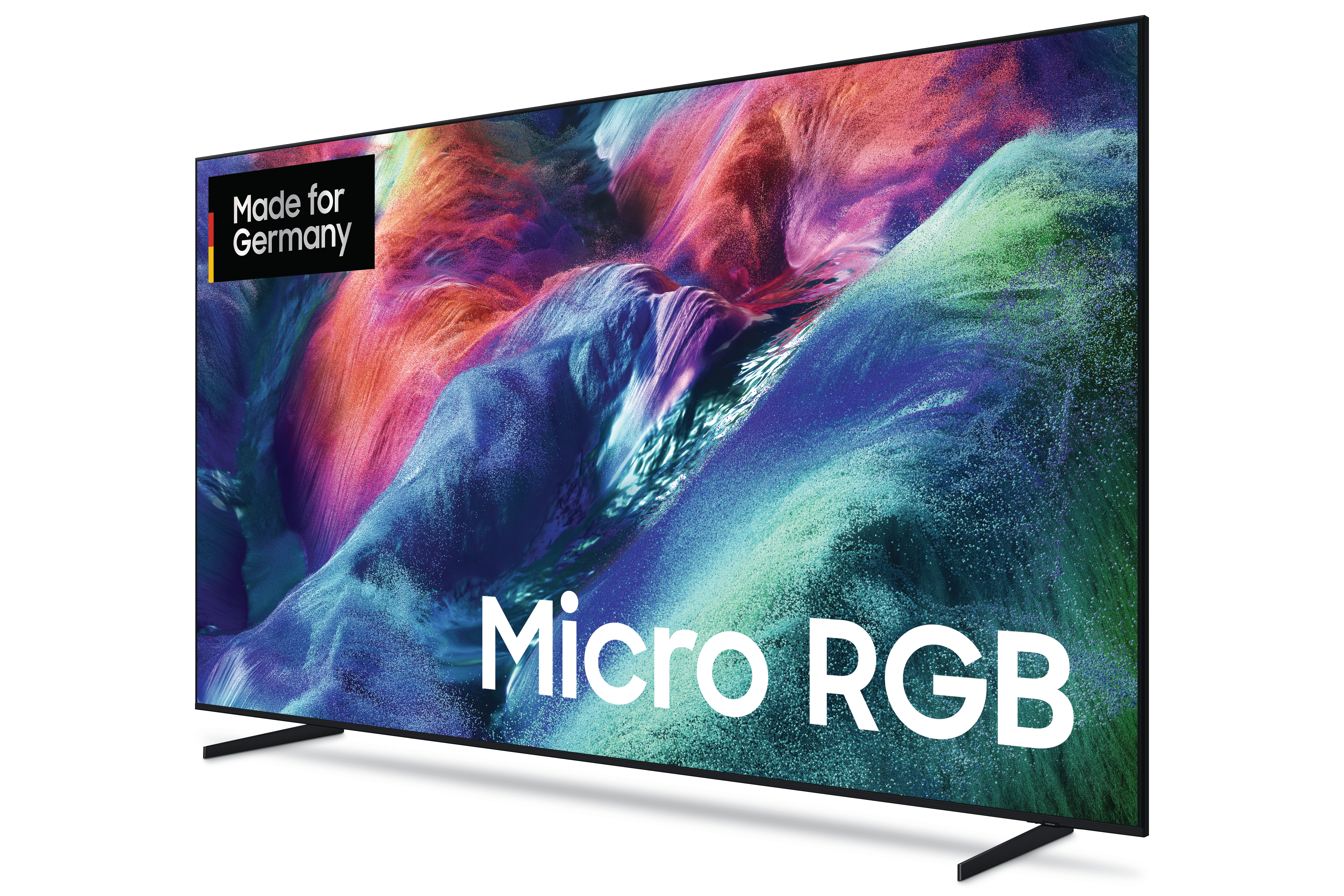 Ein moderner TV-Bildschirm zeigt abstrakte Kunst mit lebendigen Farben und den Texten „Made for Germany“ und „Micro RGB“.