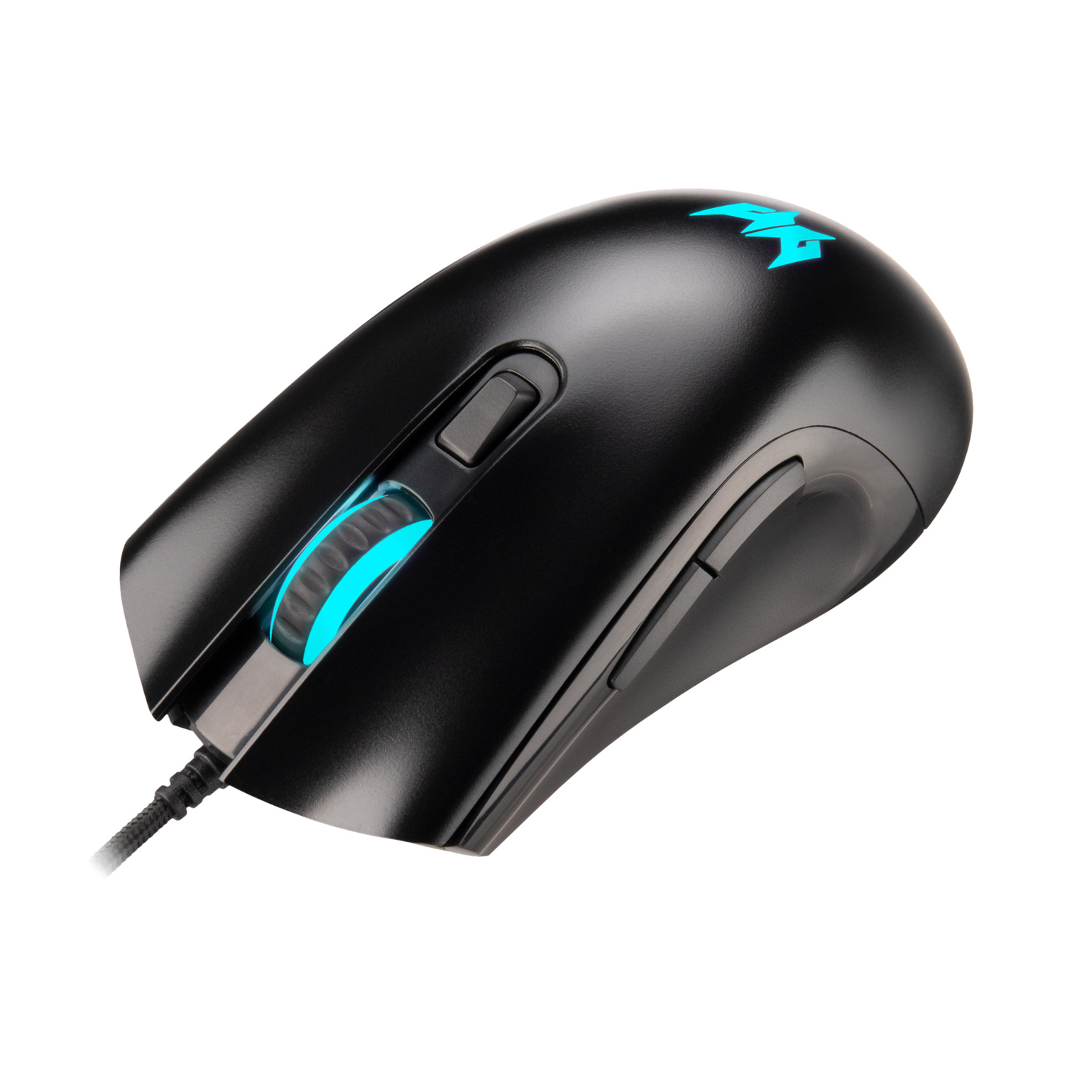 Mouse gaming nero con luce blu e logo, con cavo.