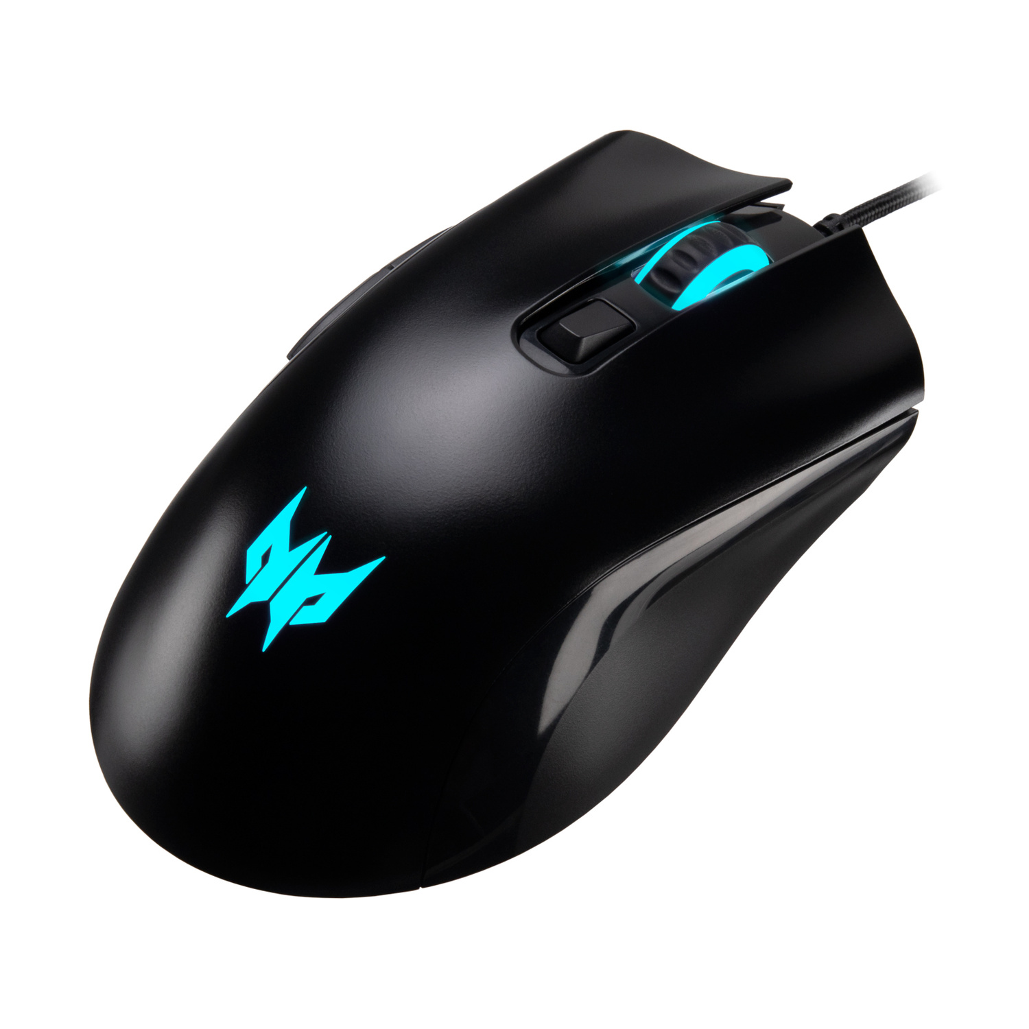 Mouse da gaming nero con logo e rotella illuminati di blu.