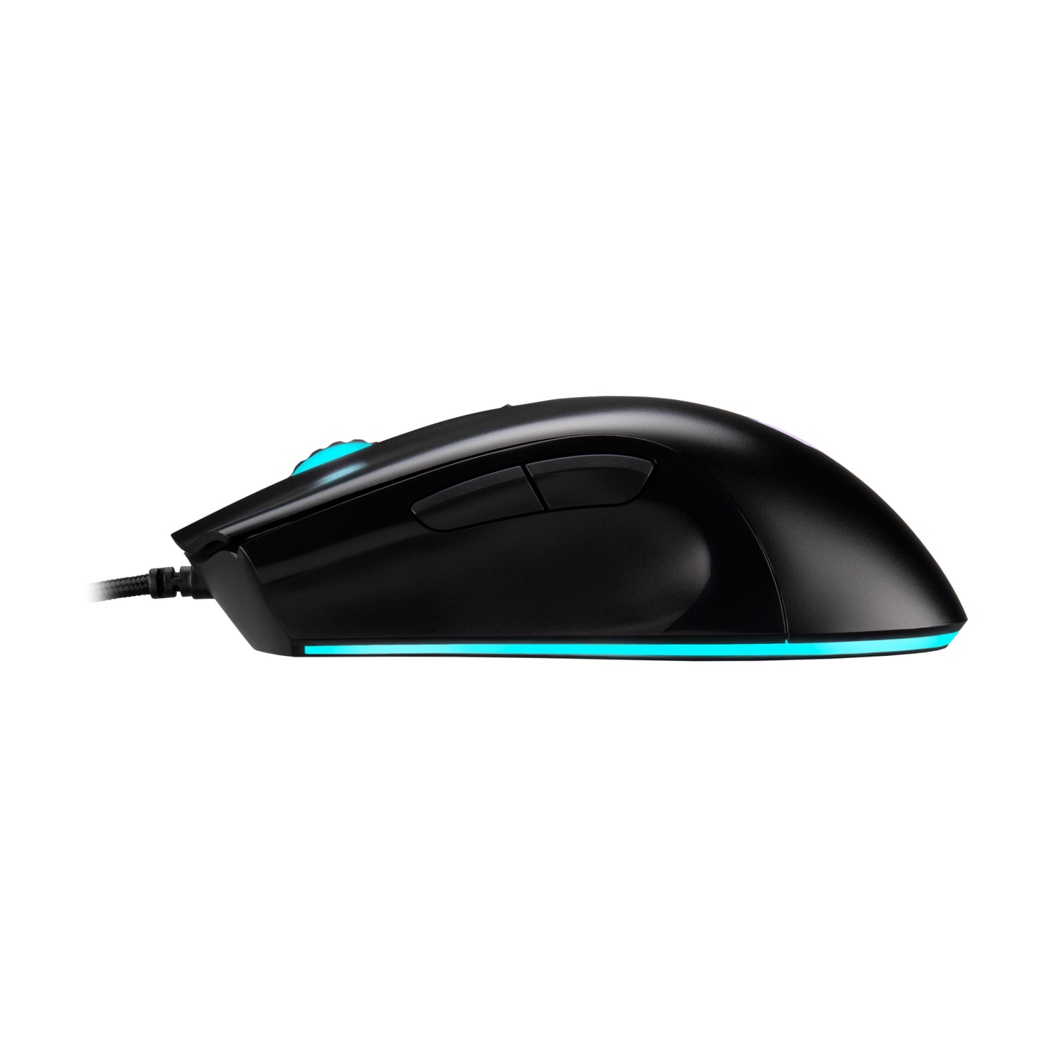 Mouse gaming nero con illuminazione blu, su sfondo bianco.