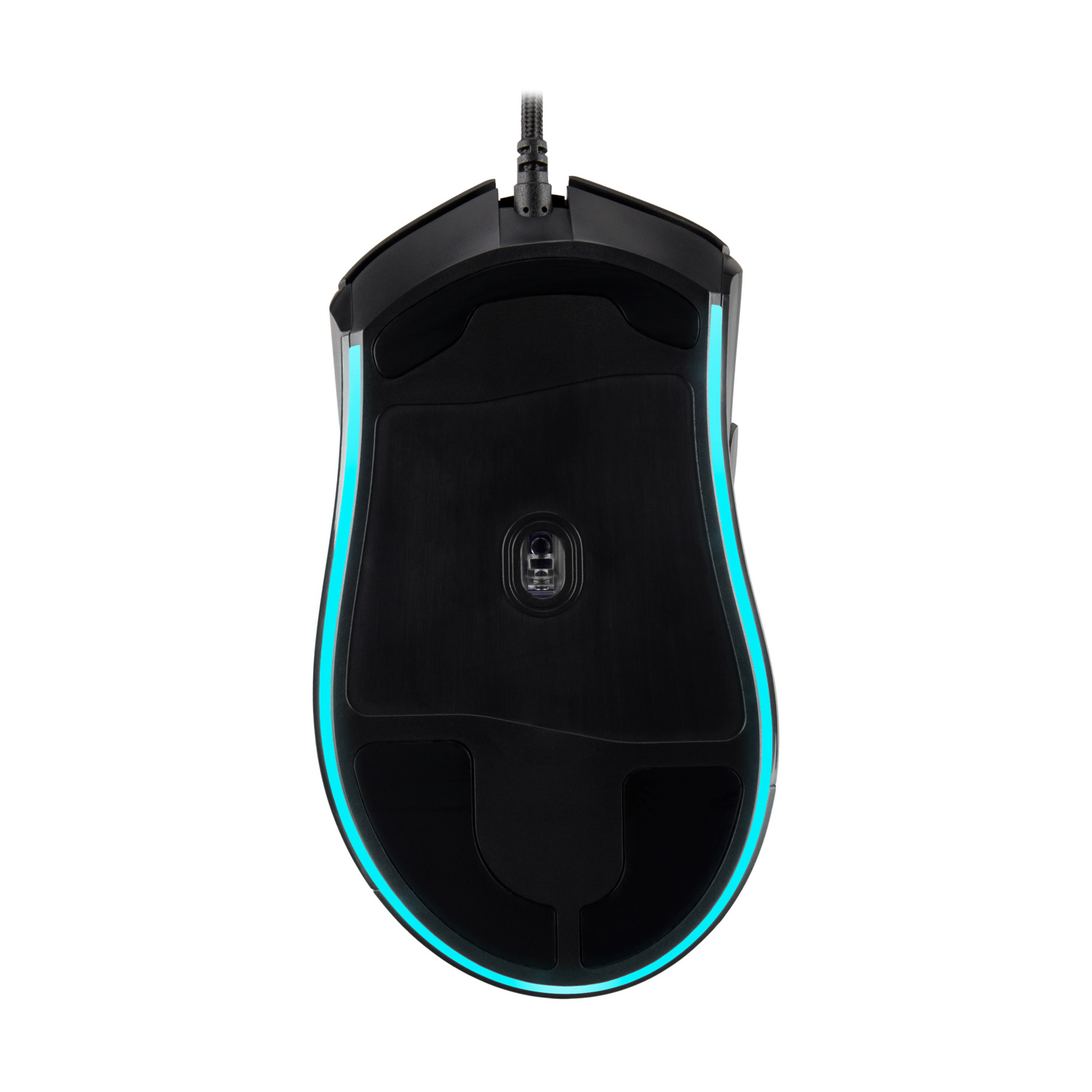 Parte inferiore di un mouse gaming nero con accenti LED blu e cavo.