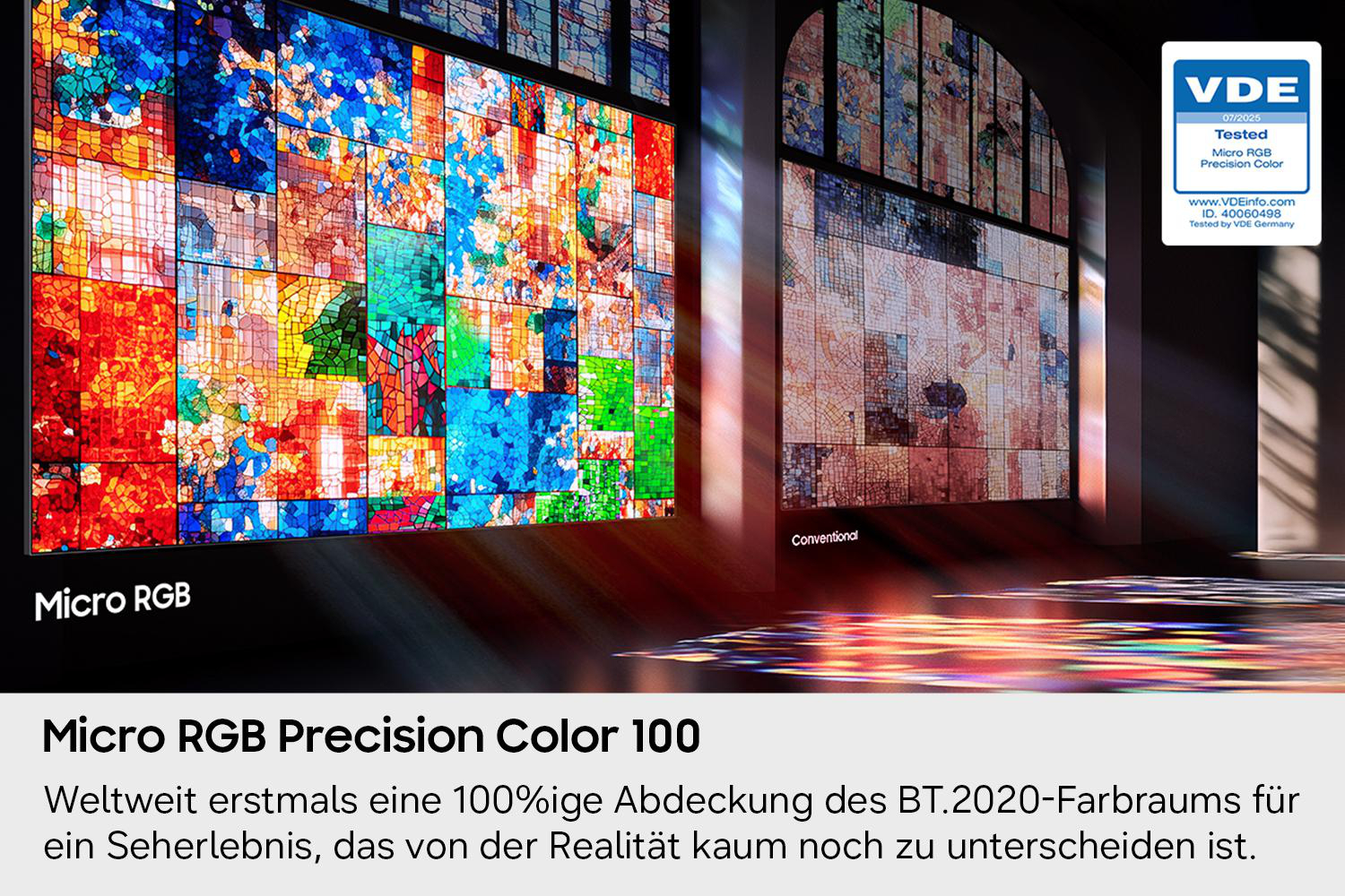 Ein Bildschirm zeigt lebendige, mosaikartige Farben neben einem konventionellen Bildschirm.