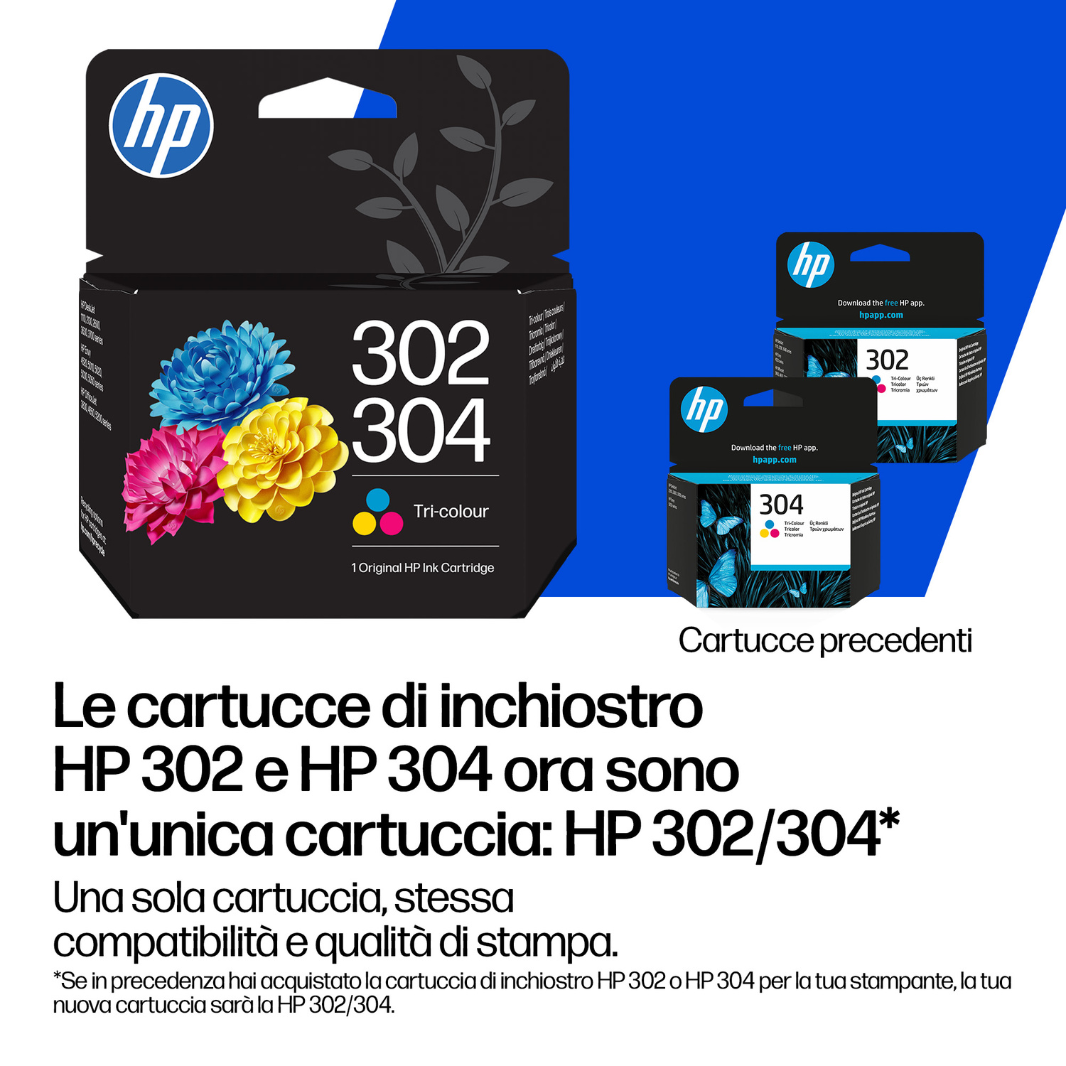Cartuccia d'inchiostro HP 302/304 Tricolore con tre fiori e confezioni più piccole.