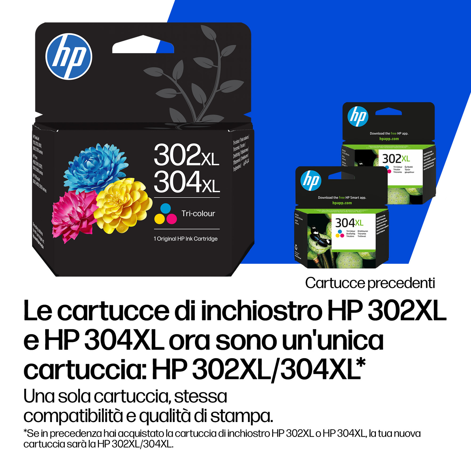 Cartucce d'inchiostro HP 302XL e 304XL, tre fiori, tre colori, un pacco.