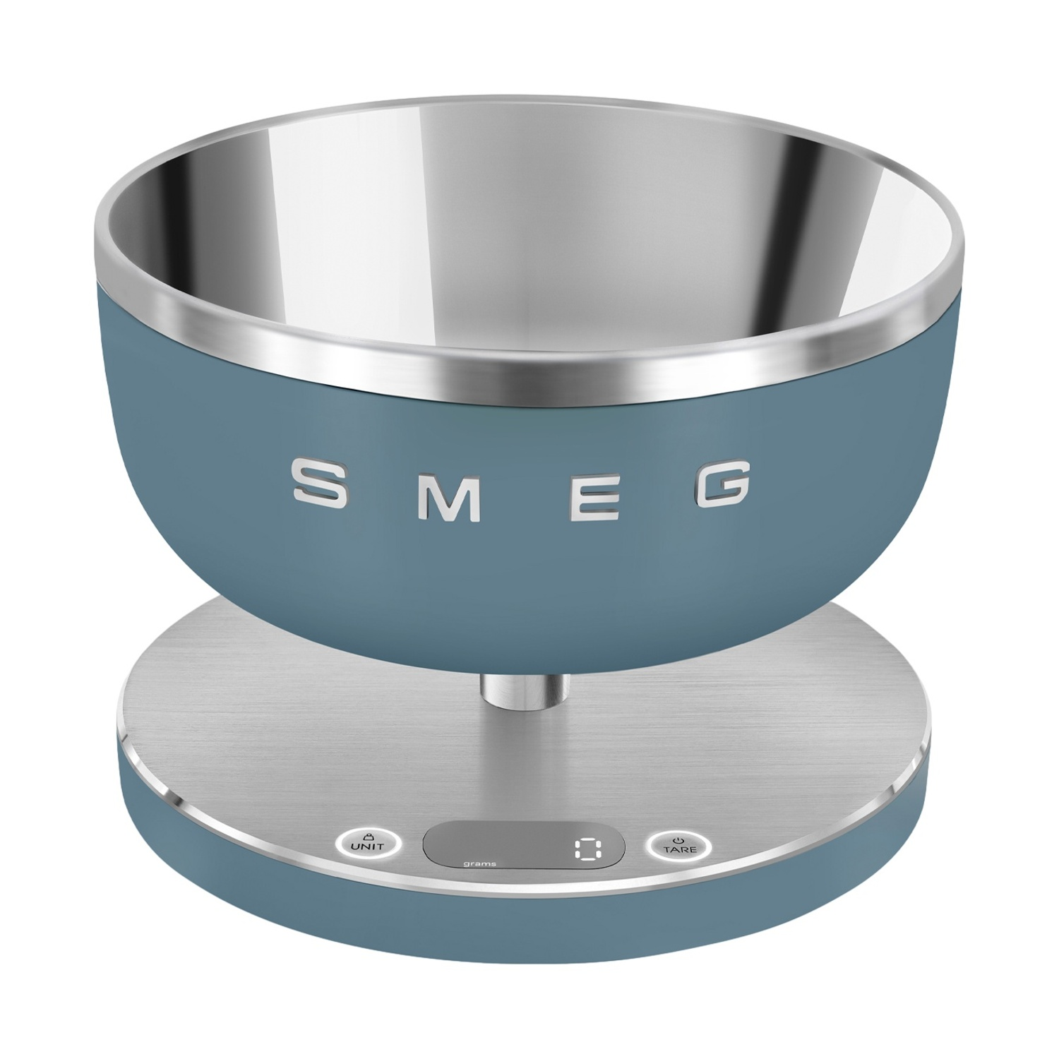 Una bilancia da cucina Smeg blu con ciotola in acciaio inox e display digitale.