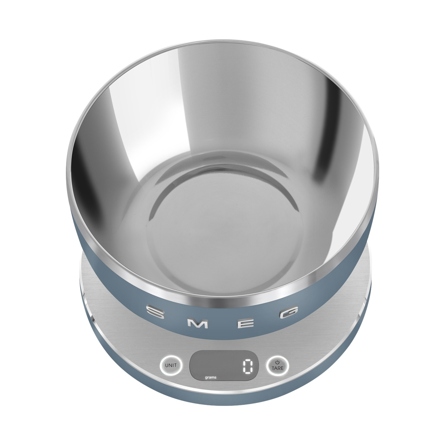 Una bilancia da cucina blu con ciotola in acciaio inox, display digitale e controlli.