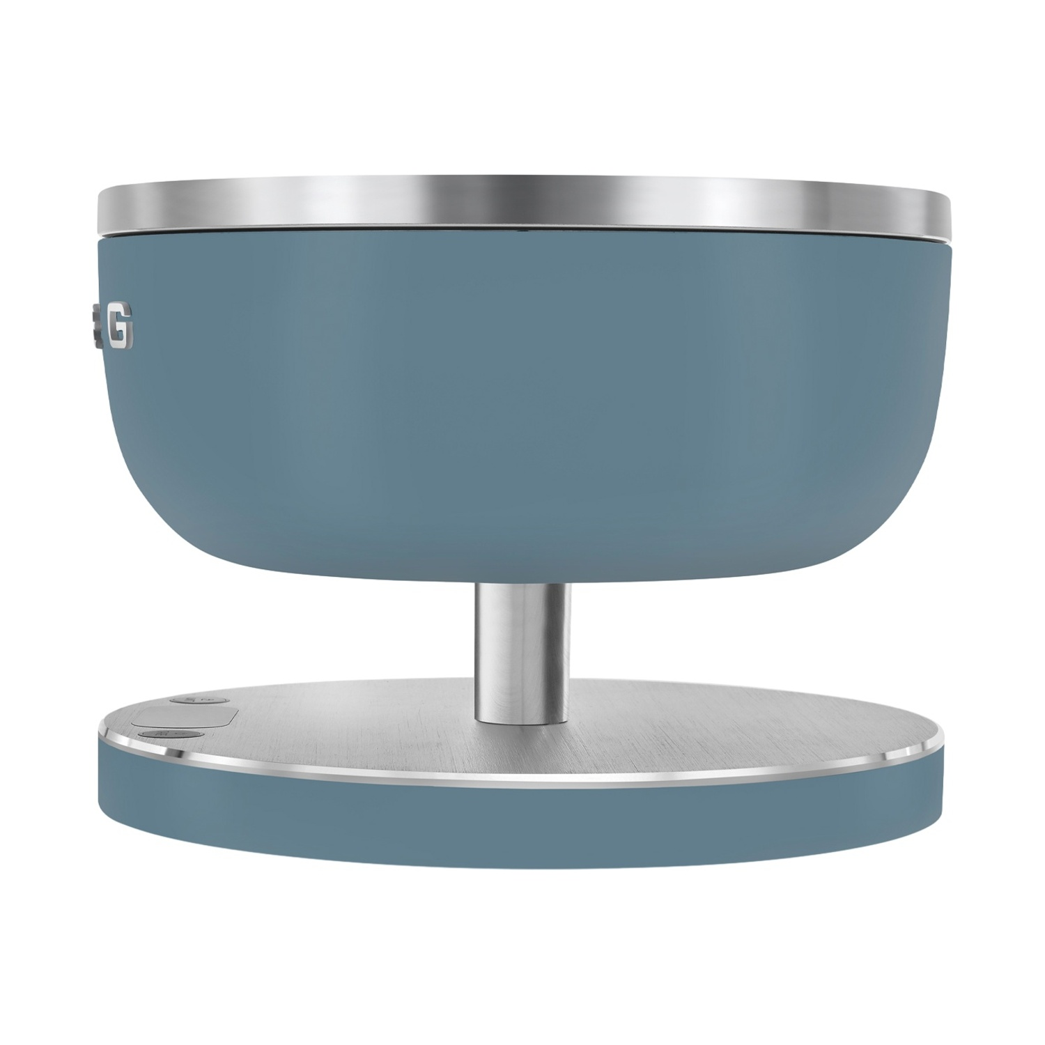 Un frullatore blu con base e finiture argentate.