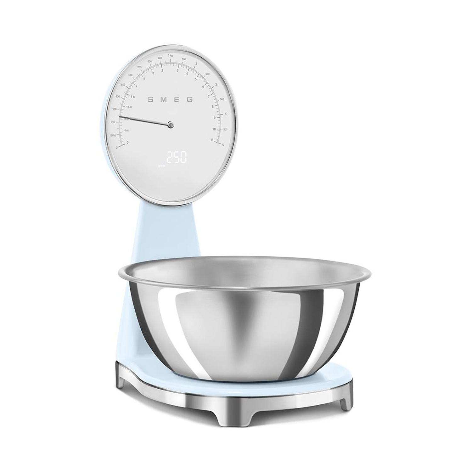 Una bilancia da cucina Smeg azzurra con ciotola in argento e quadrante che mostra 250g.