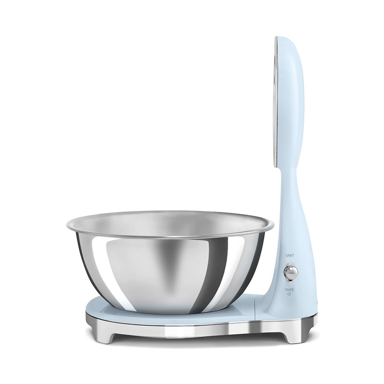 Una bilancia da cucina azzurra con ciotola in acciaio inox e pulsanti.