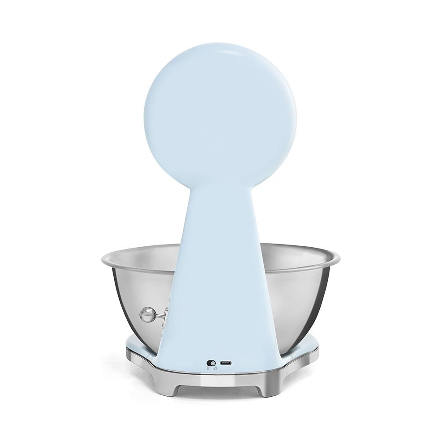 Un robot da cucina azzurro con ciotola in acciaio inox, visto da dietro.