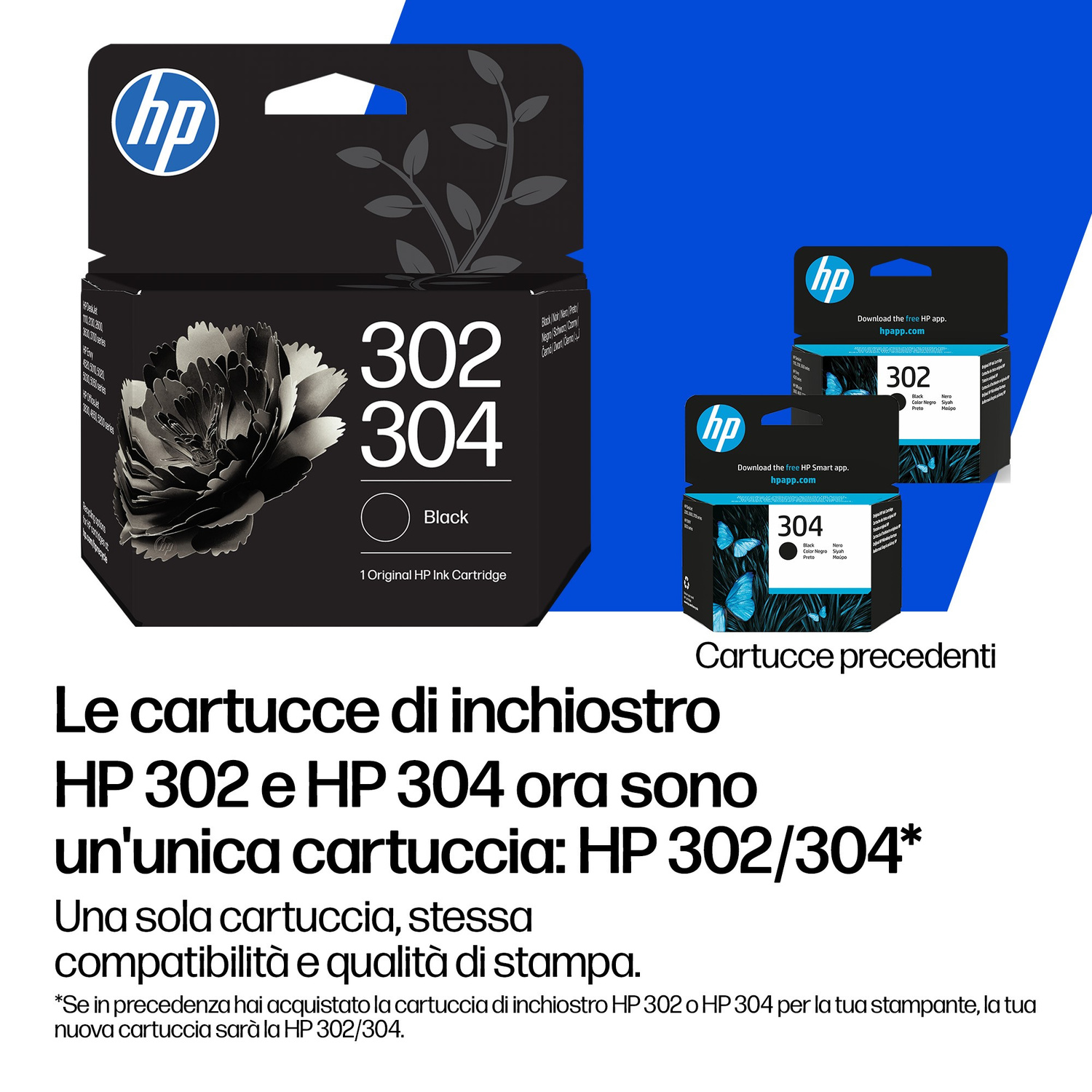 Cartuccia d'inchiostro nera HP 302/304 con grafica di fiore nero. Due cartucce più piccole.