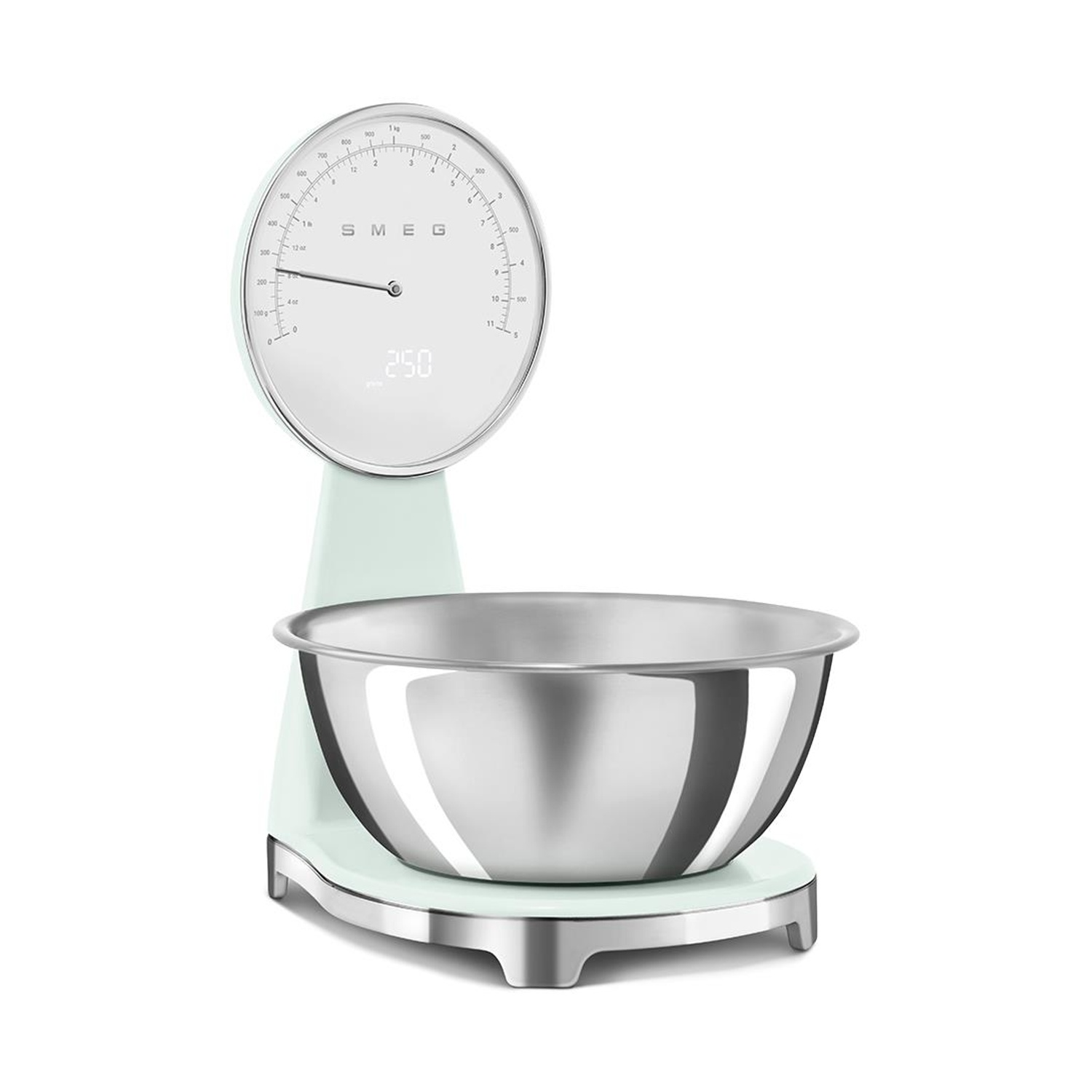 Una bilancia da cucina verde chiaro con ciotola in acciaio inox e quadrante analogico.
