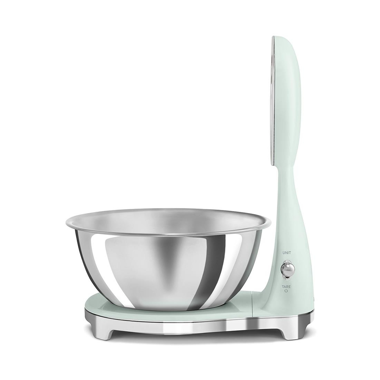 Una bilancia da cucina verde menta con ciotola in acciaio inox e display digitale.