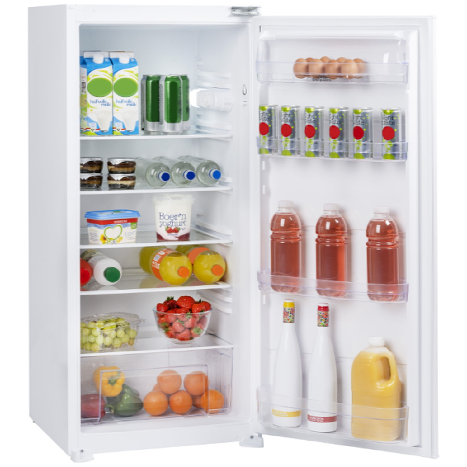 Un réfrigérateur blanc ouvert rempli de nourriture et de boissons sur plusieurs étagères.