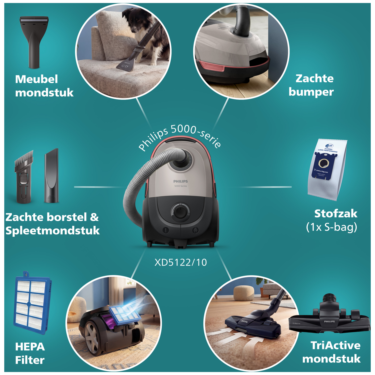 Philips vacuum cleaner XD5122/10 with accessories: upholstery brush, crevice tool, HEPA filter, dust bag.