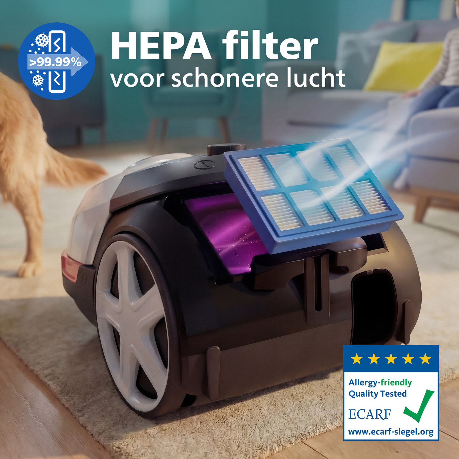 Vacuum cleaner with HEPA filter, cleaning 99.99% of air.