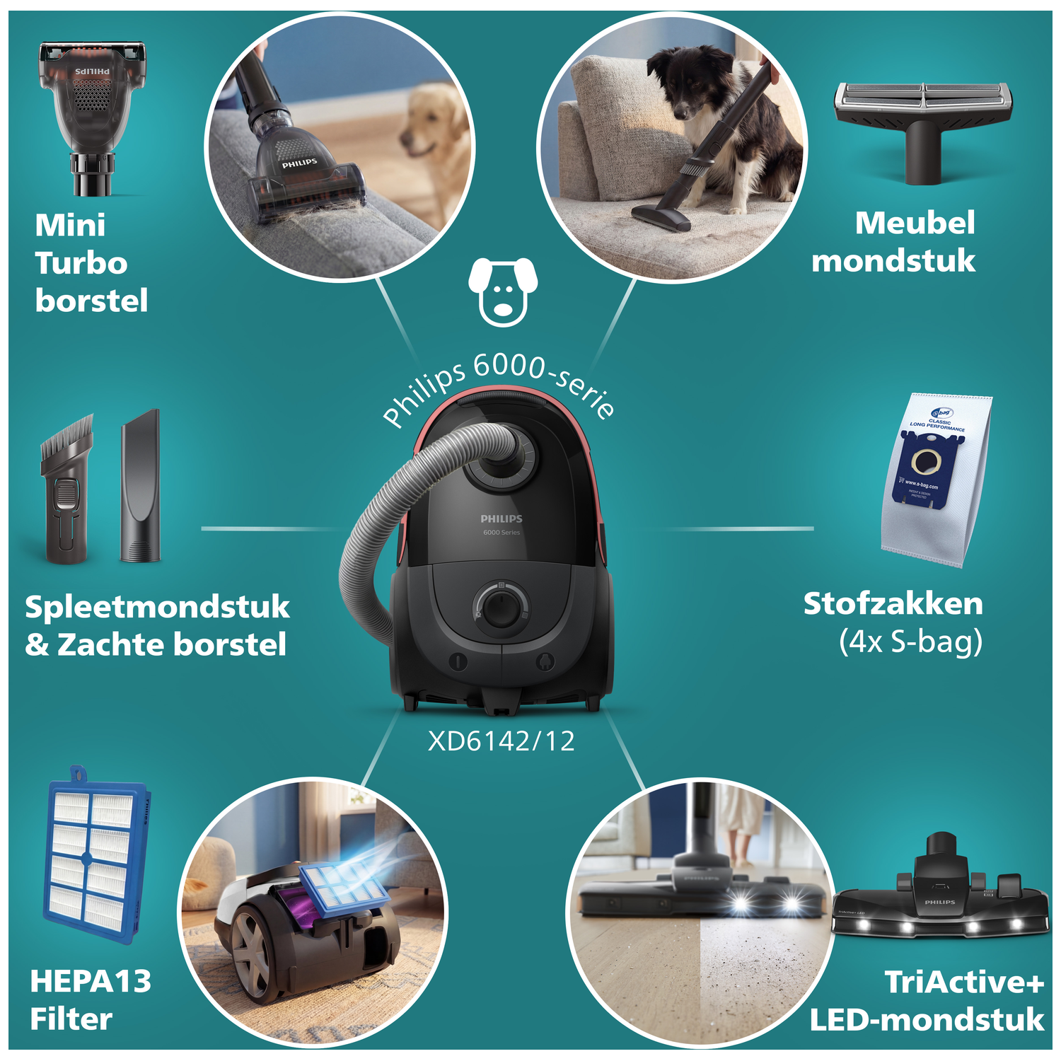 Philips stofzuiger accessoires: mondstukken, filter en stofzakken.