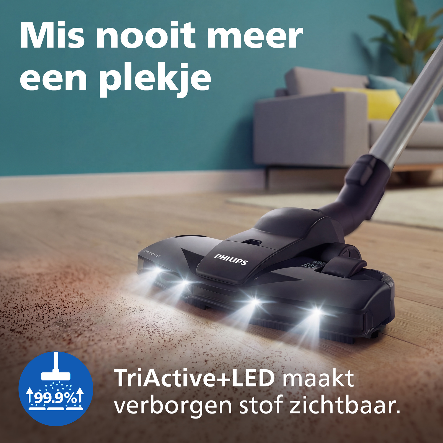 Stofzuigerkop met LED's reinigt houten vloer van stof. Philips.
