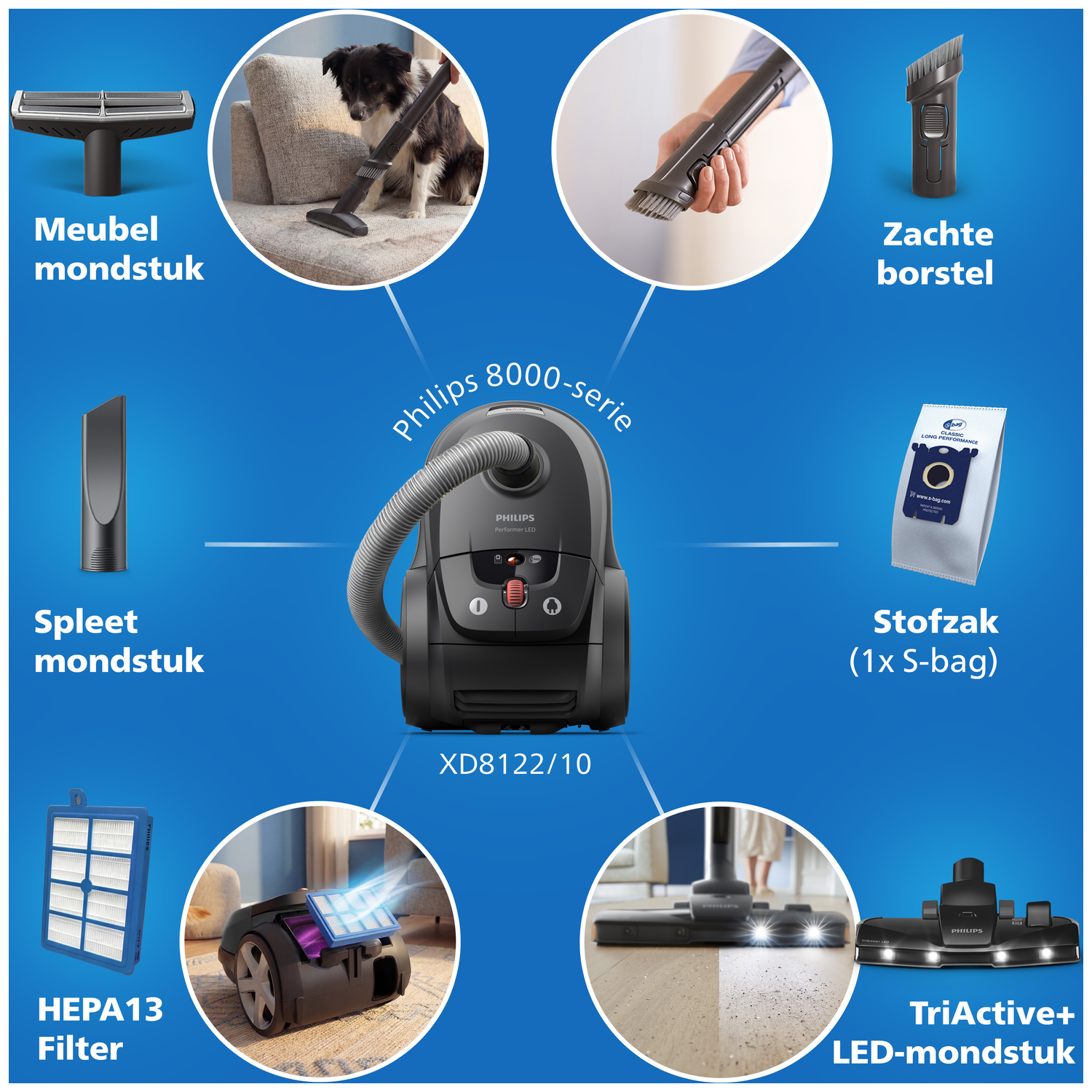 Philips vacuum cleaner XD8122/10 with accessories: furniture, crevice, TriActive+ LED nozzle, brush, HEPA13 filter, dust bag.
