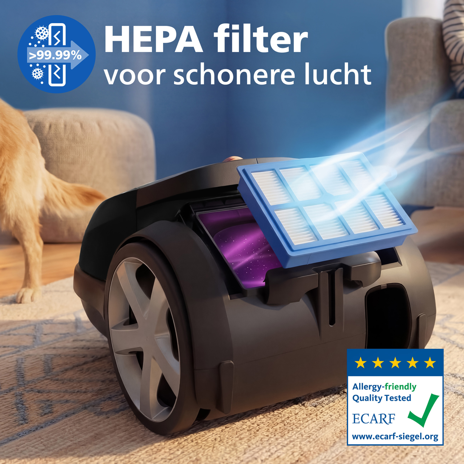 A vacuum cleaner with a HEPA filter, filtering harmful particles from the air.