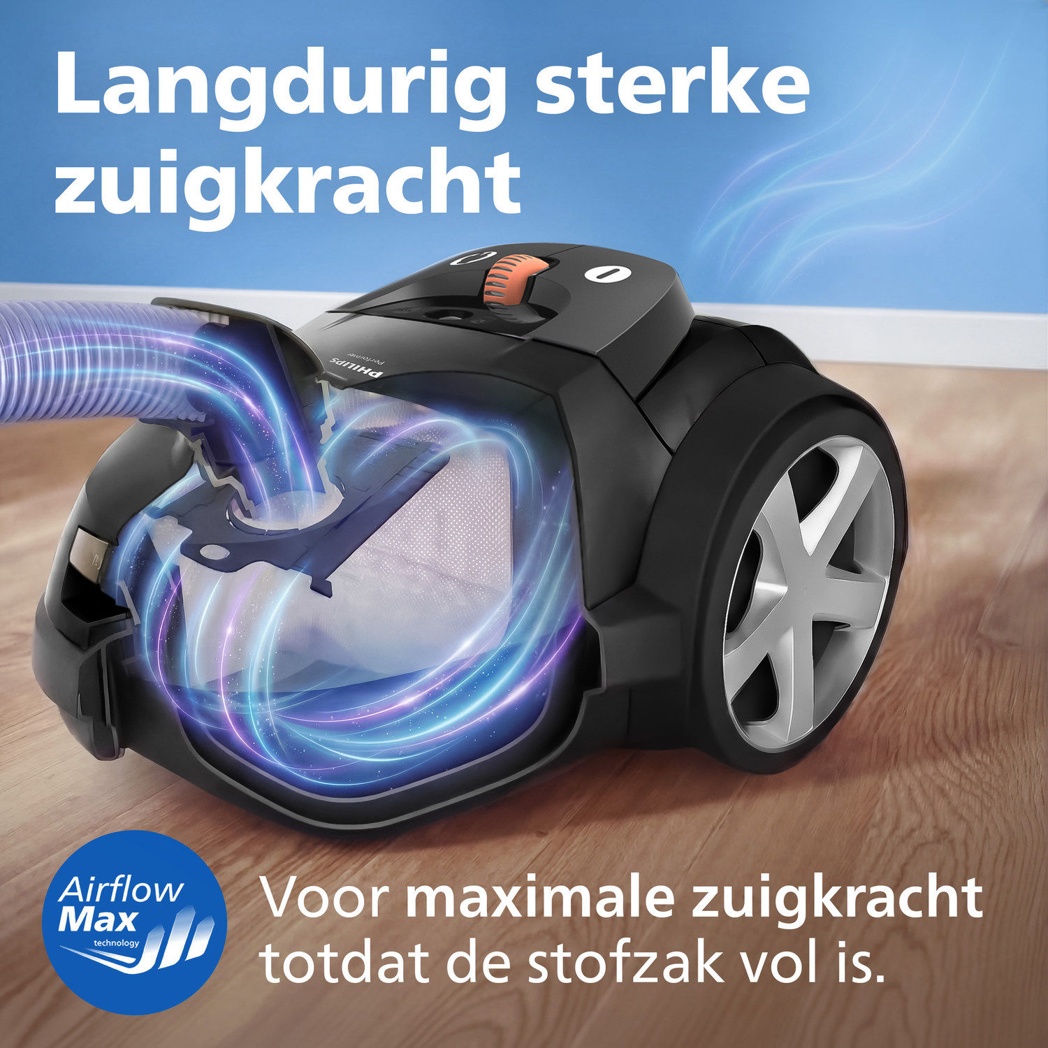A black vacuum cleaner with blue and purple airflow graphics indicating suction power.