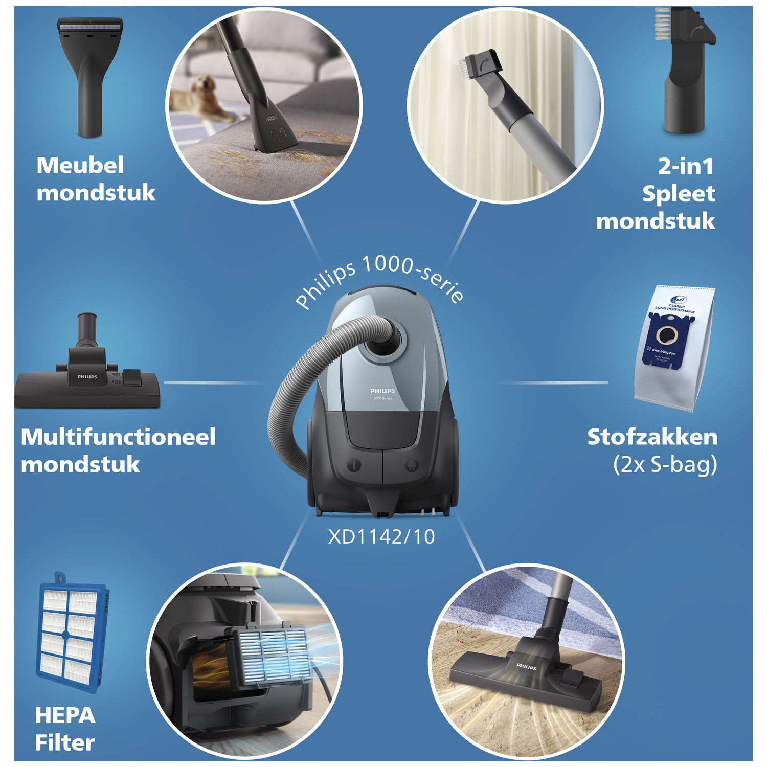 Philips vacuum cleaner with accessories: furniture brush, crevice tool, multi-function nozzle, HEPA filter.