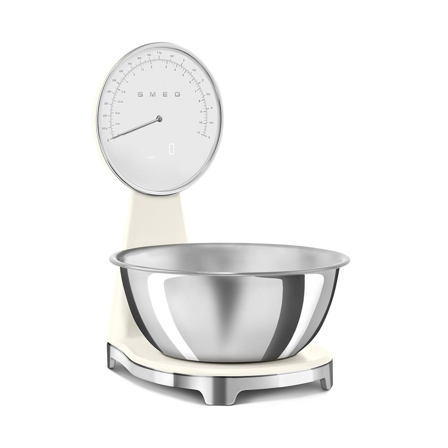 Una bilancia da cucina color crema con ciotola in acciaio inox e quadrante rotondo.