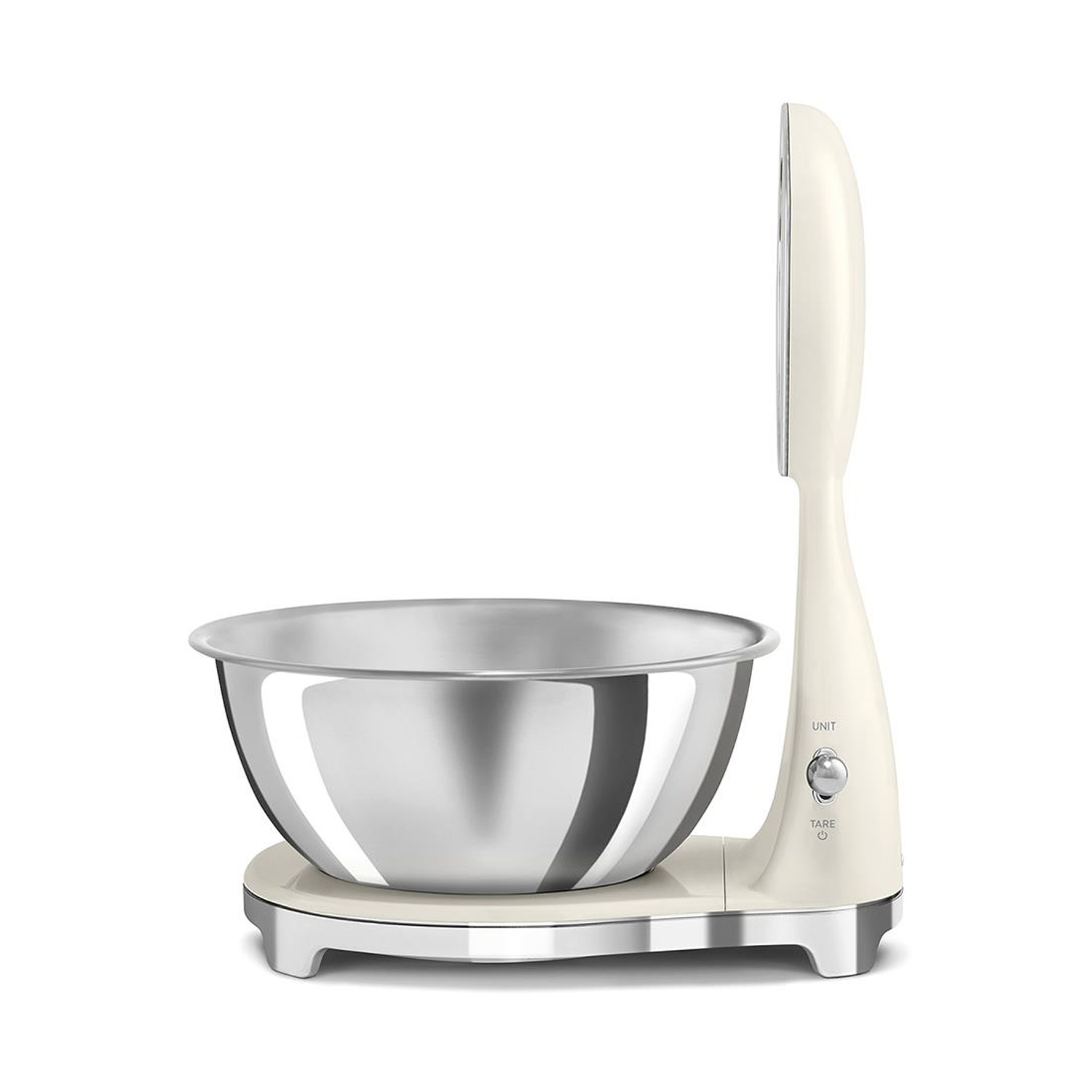 Una bilancia da cucina color crema con ciotola in acciaio inox e dettagli argentati.